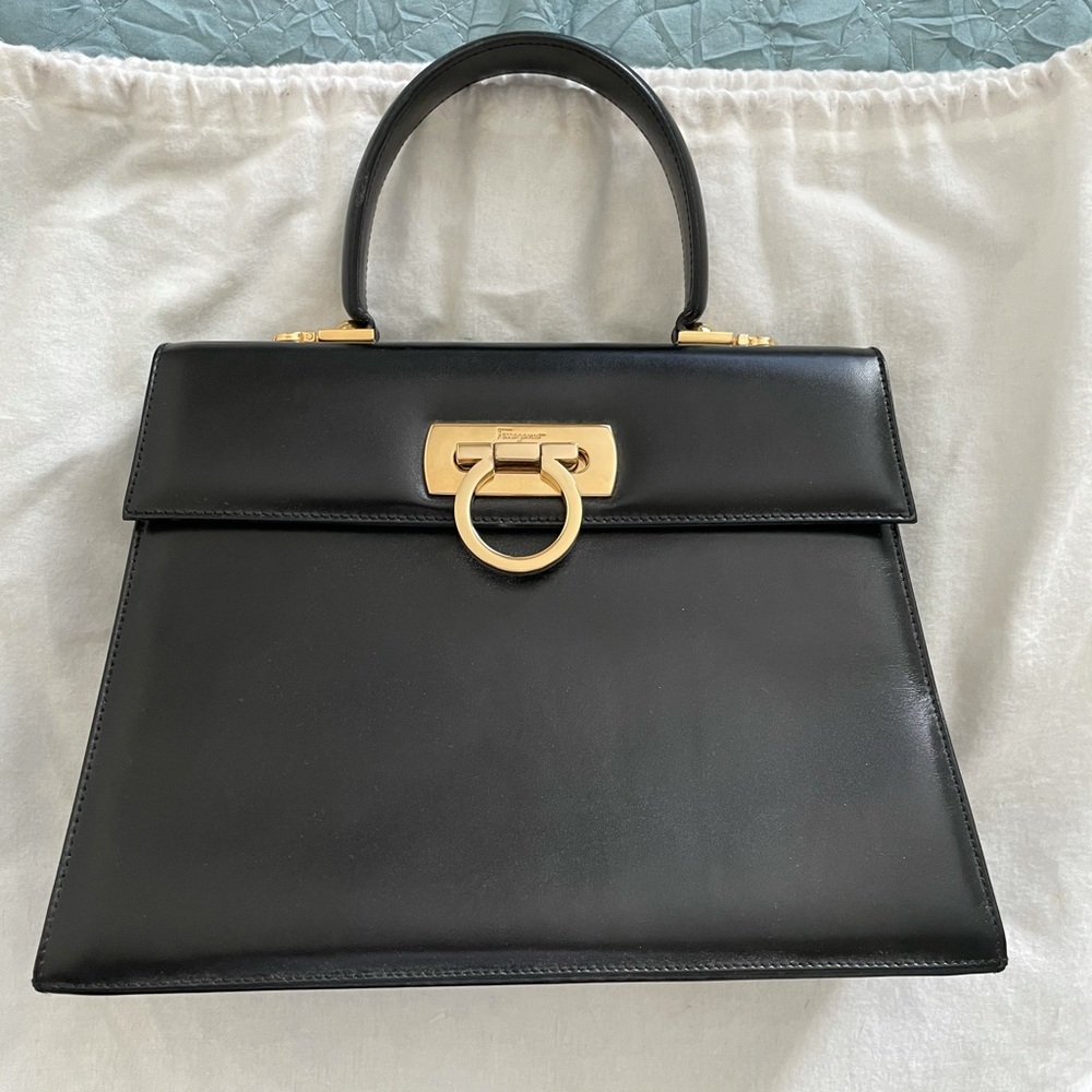 Salvatore Ferragamo Black Leather Kelly Style Vintage Handbag